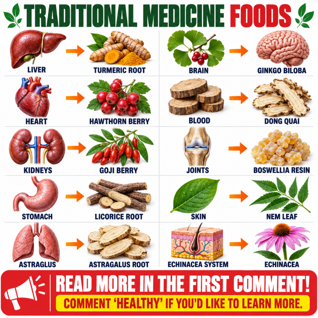 An informative infographic titled TRADITIONAL MEDICINE FOODS depicting ten human organs systems visually paired with the