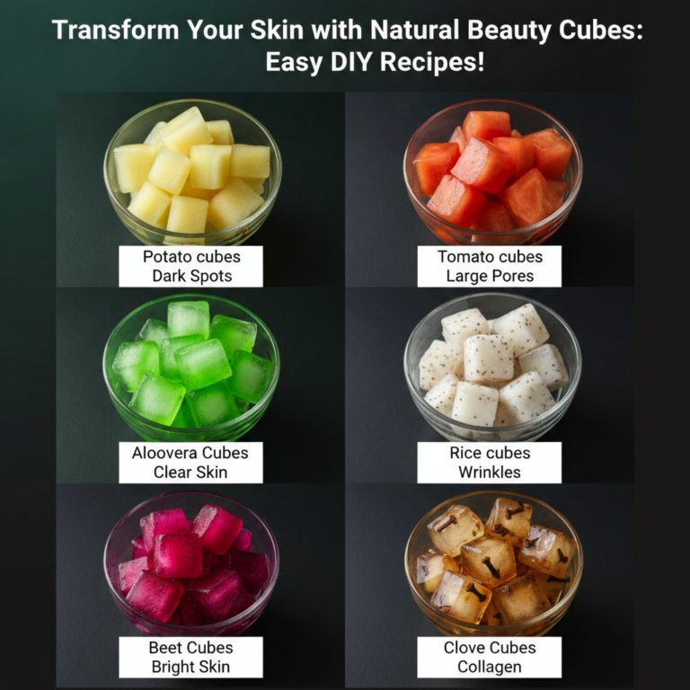 A grid layout showing six clear glass bowls each containing different colored beauty cubes potato tomato aloe vera rice