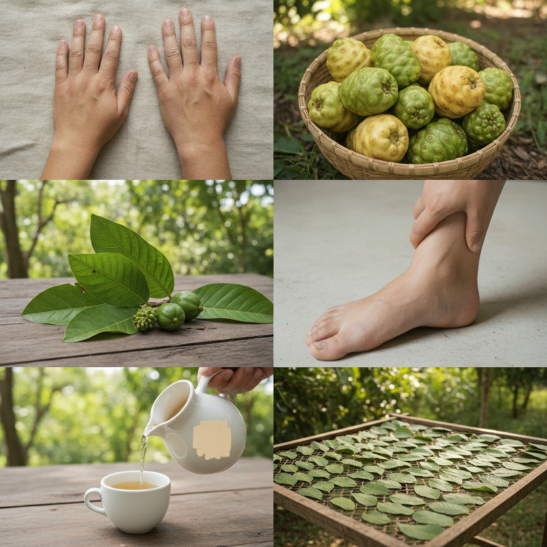 A six-panel grid collage showing hands indicating discomfort a basket of noni fruits guava leaves a person holding a swo
