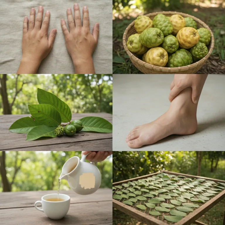 A six-panel grid collage showing hands indicating discomfort a basket of noni fruits guava leaves a person holding a swo