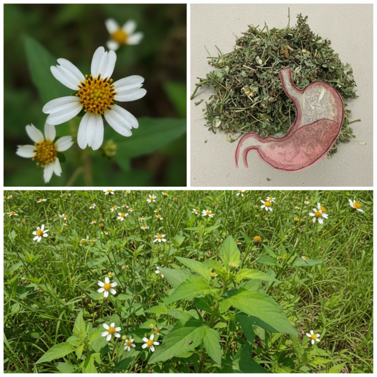 A three-panel collage showing Bidens Pilosa a close-up of its white and yellow flower a field of the flowering plant and
