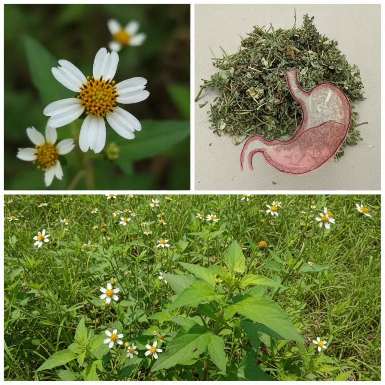 A three-panel collage showing Bidens Pilosa a close-up of its white and yellow flower a field of the flowering plant and