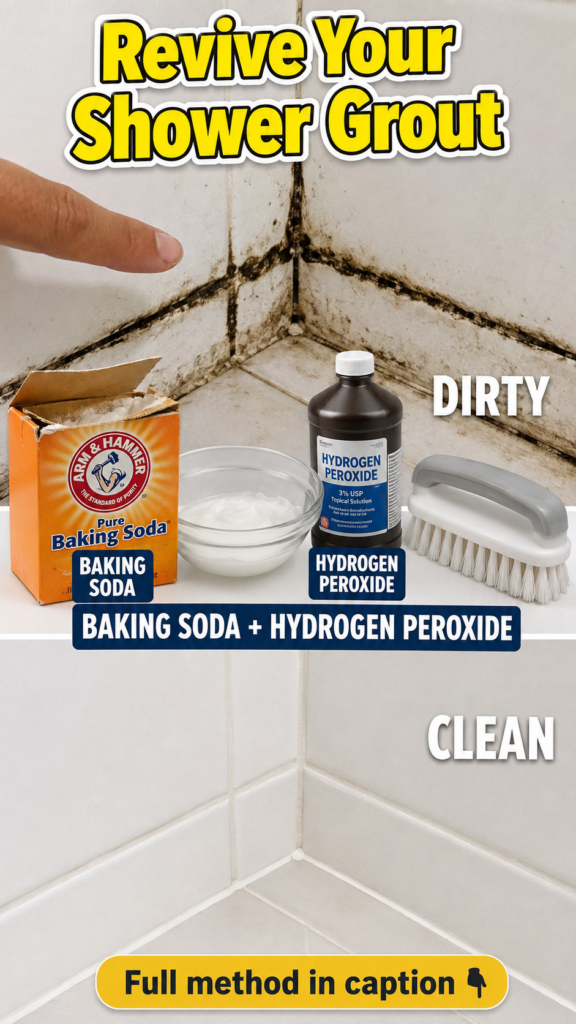 A thick paste made from baking soda and hydrogen peroxide applied to dirty shower grout lines with a scrubbing brush res