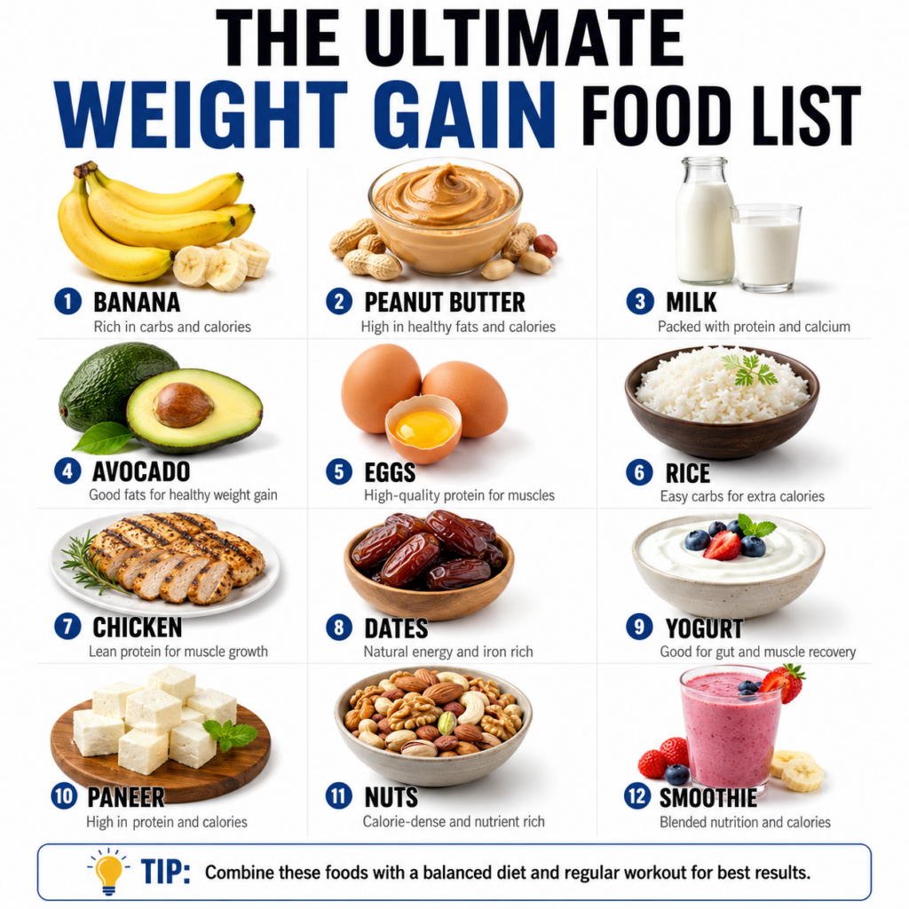 An infographic titled THE ULTIMATE WEIGHT GAIN FOOD LIST featuring 12 nutrient-dense food items like bananas peanut butt