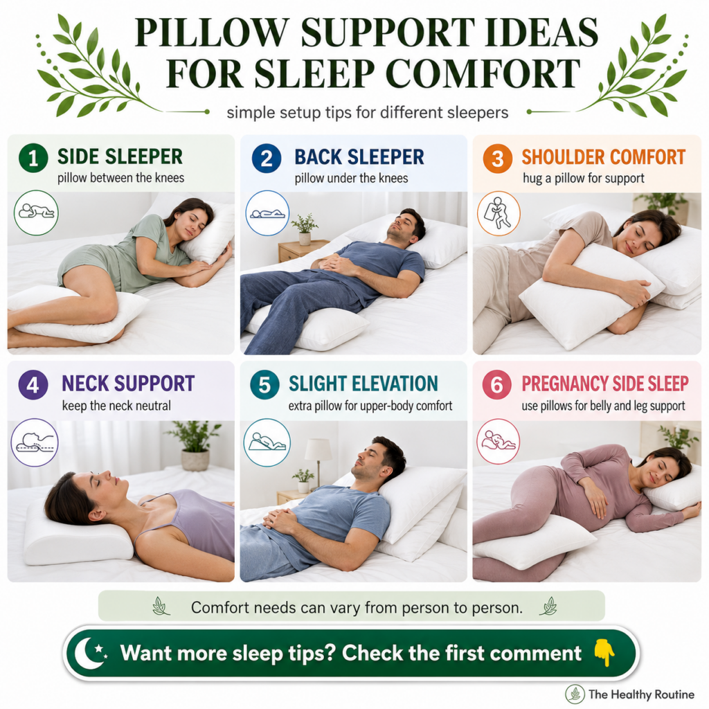 A serene infographic titled PILLOW SUPPORT IDEAS FOR SLEEP COMFORT showing six different people demonstrating pillow hac