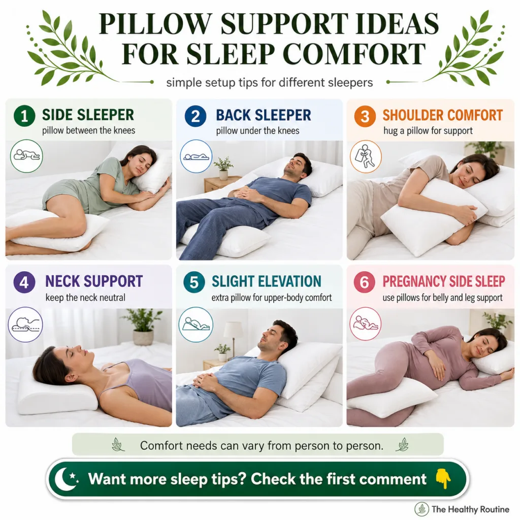 A serene infographic titled PILLOW SUPPORT IDEAS FOR SLEEP COMFORT showing six different people demonstrating pillow hac