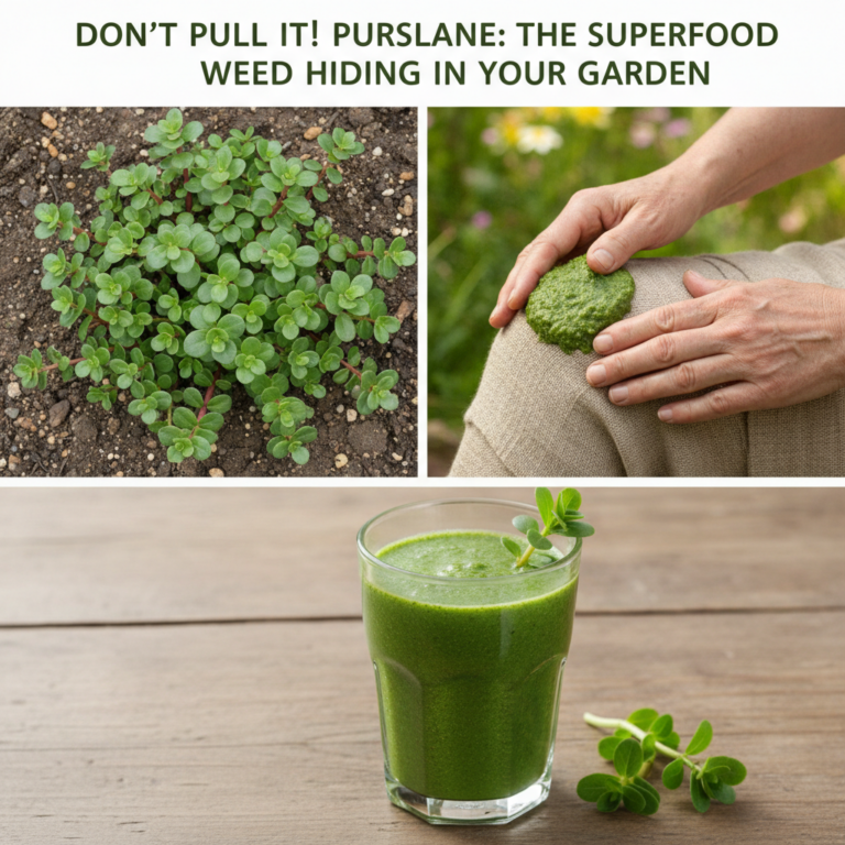 A collage showing purslane plant in soil hands applying a purslane poultice to a knee and a green purslane smoothie with