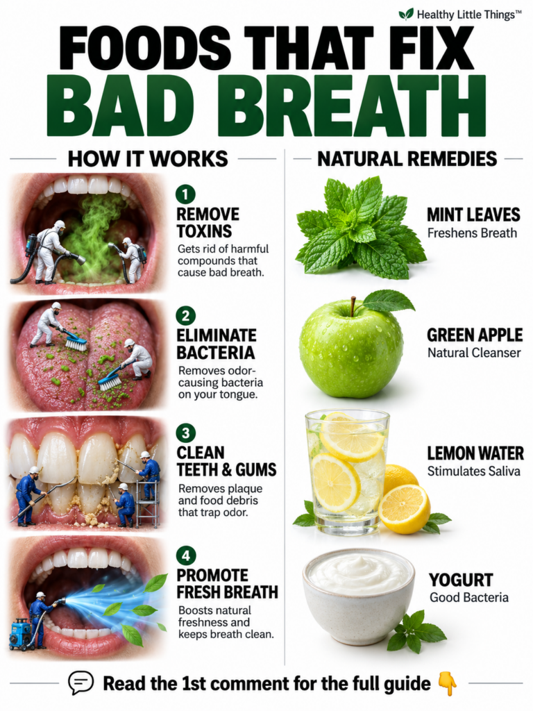 An infographic titled FOODS THAT FIX BAD BREATH showing two columns HOW IT WORKS with illustrations of removing toxins e