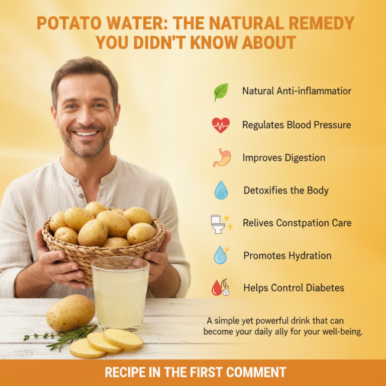 A friendly man holding a basket of fresh potatoes with a clear glass of potato water raw and sliced potatoes and rosemar