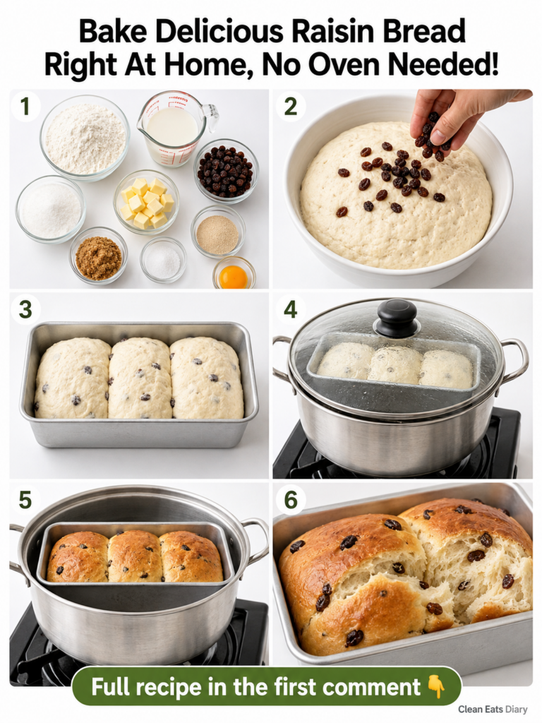 A perfectly baked golden-brown loaf of raisin bread partially torn open to reveal its soft fluffy interior dotted with p