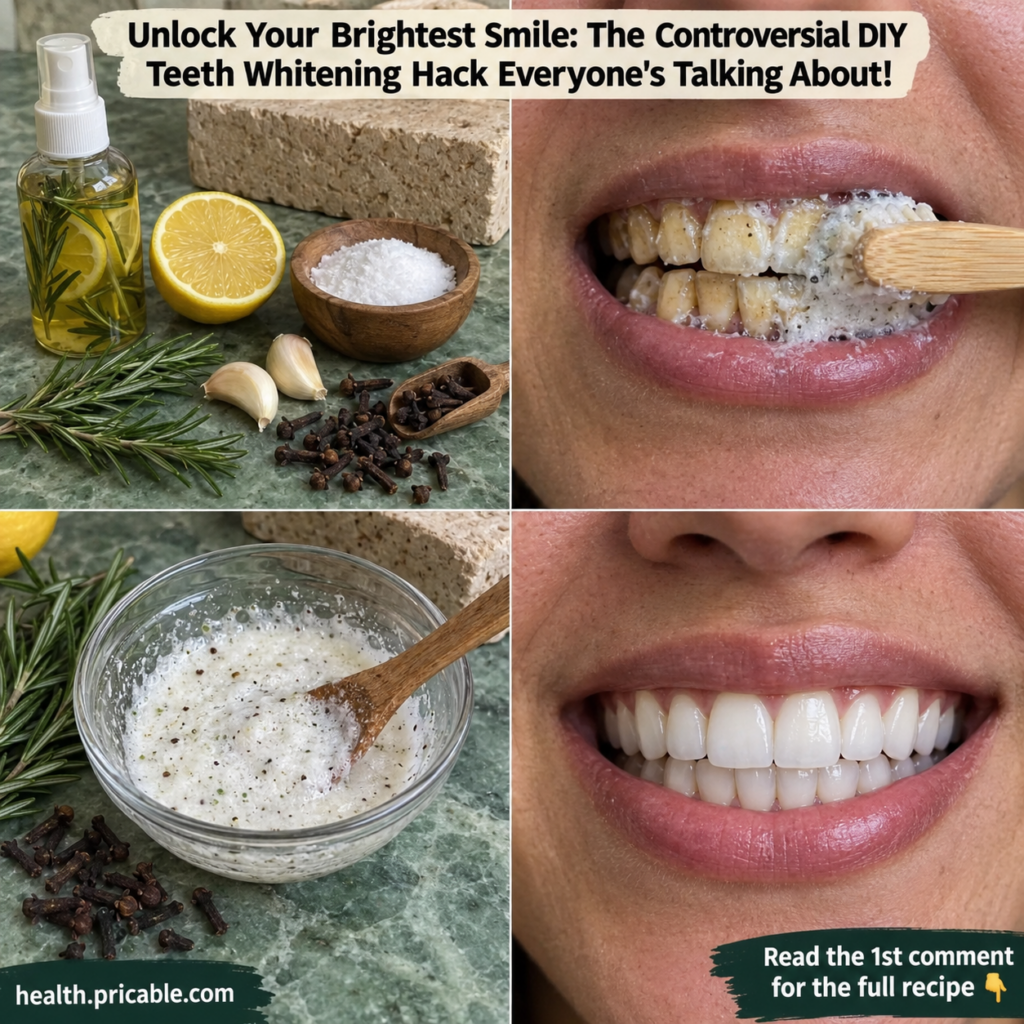 A four-panel grid showing the ingredients lemon garlic salt and cloves a person brushing yellow teeth with a paste the m