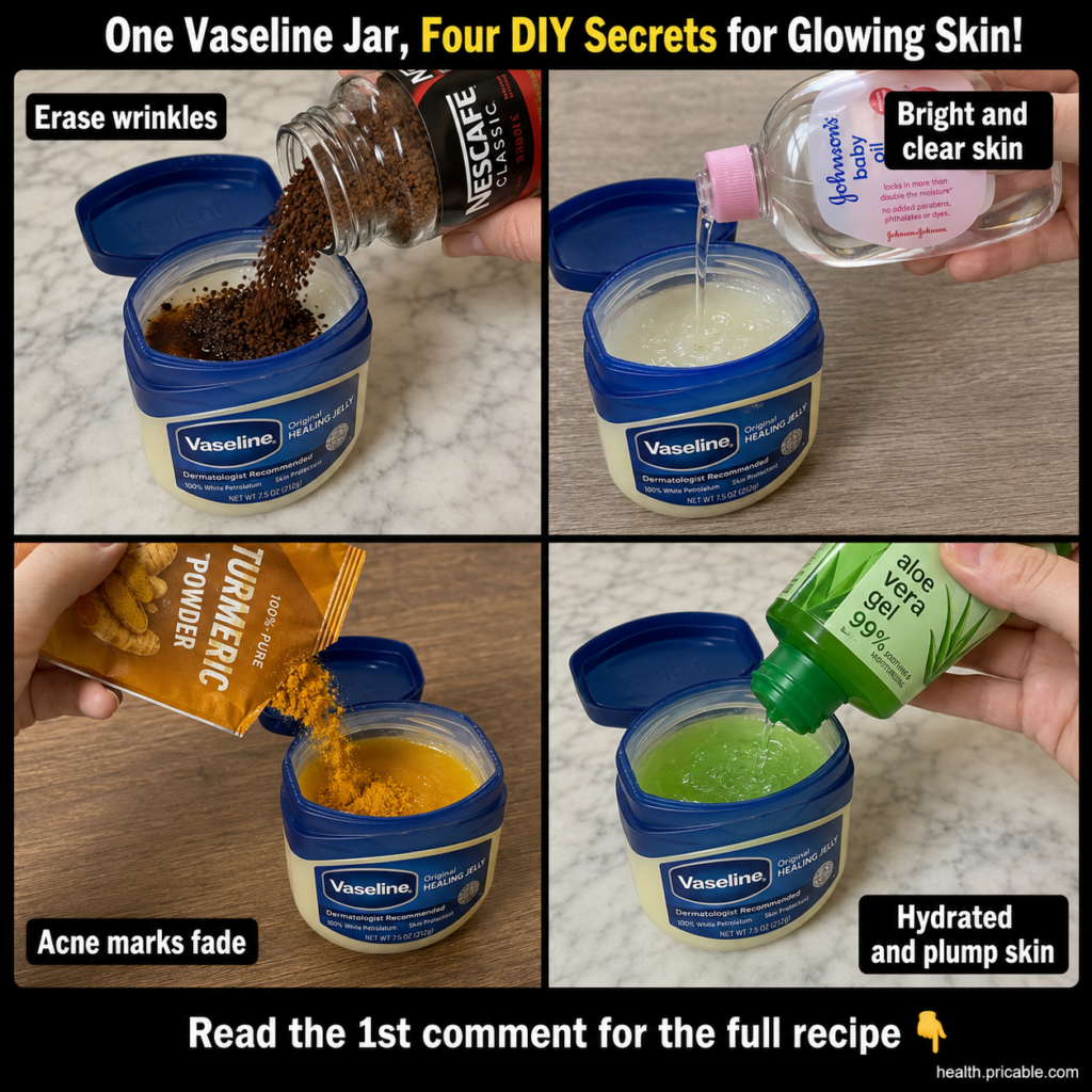 A four-panel grid showing hands mixing coffee grounds baby oil turmeric powder and aloe vera gel into small tubs of Vase