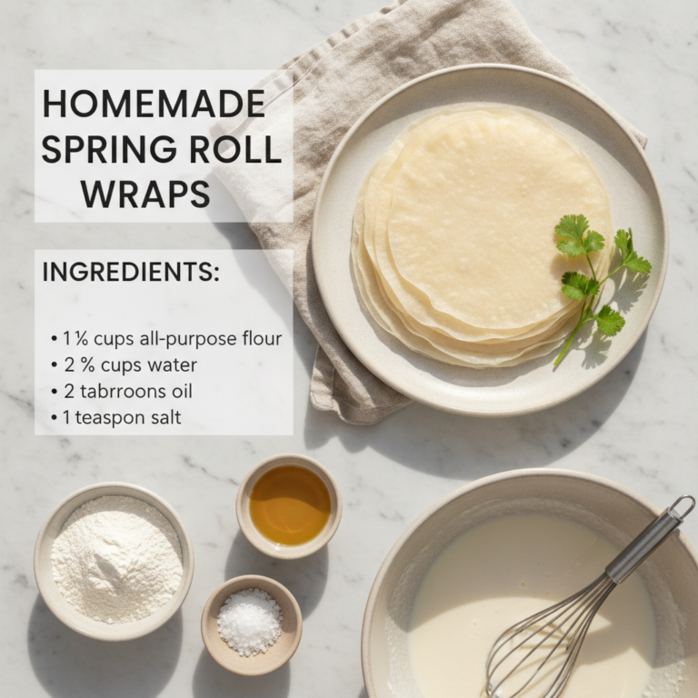 A top-down flat lay showing ingredients flour water oil salt mixed batter and a stack of finished spring roll wraps