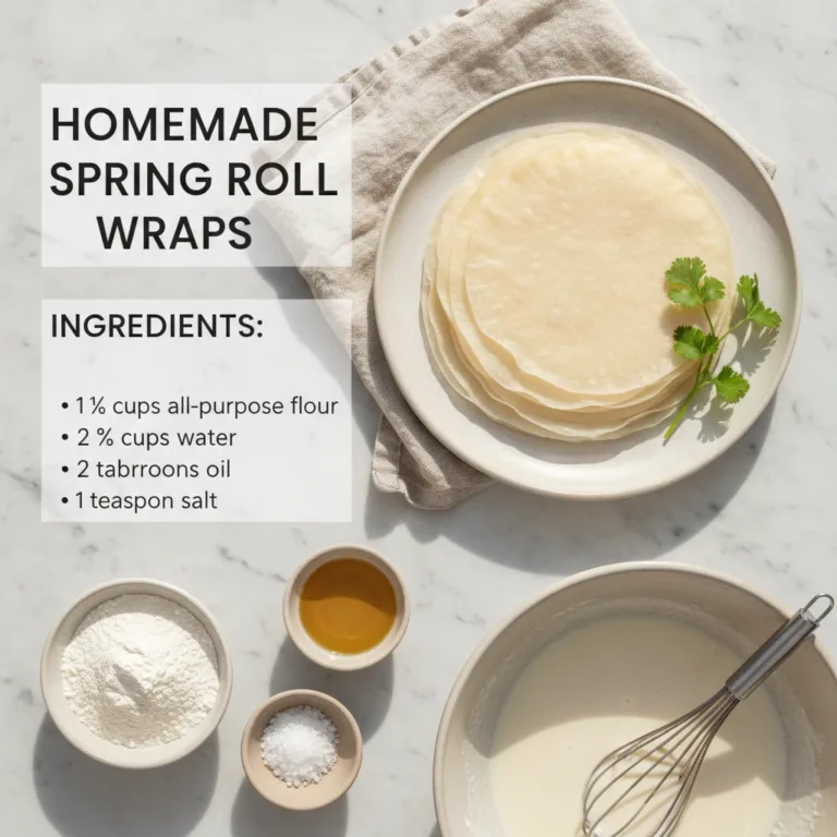 A top-down flat lay showing ingredients flour water oil salt mixed batter and a stack of finished spring roll wraps