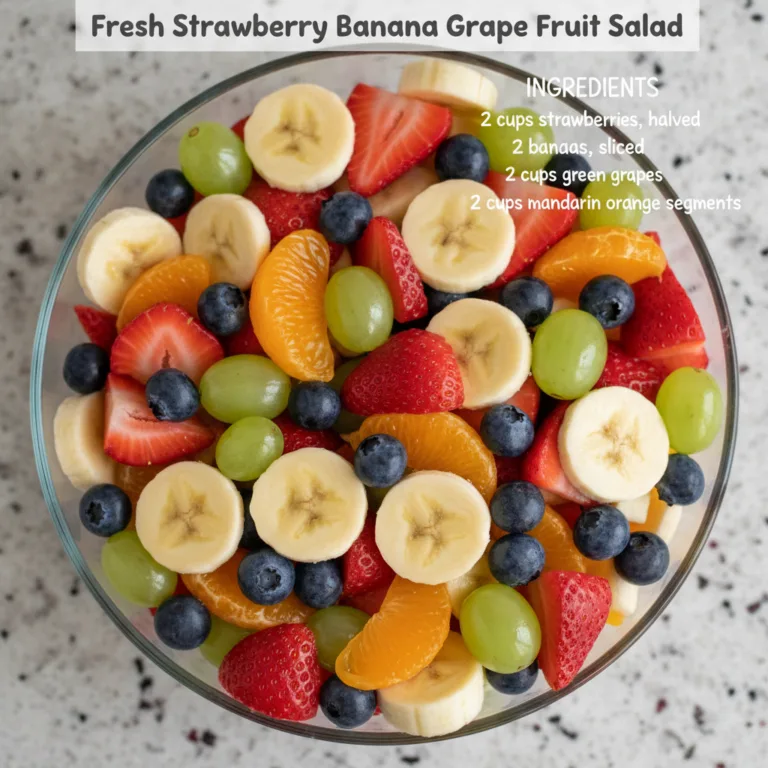 A vibrant overhead shot of a fresh strawberry banana grape blueberry and mandarin orange fruit salad in a clear glass bo
