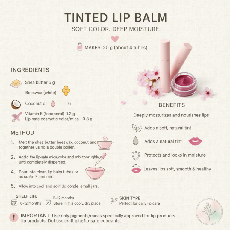 An infographic showing a DIY tinted lip balm recipe with ingredients method benefits and tips