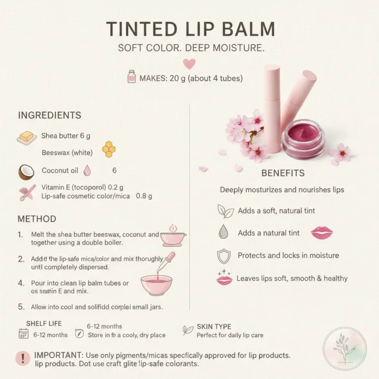 An infographic showing a DIY tinted lip balm recipe with ingredients method benefits and tips