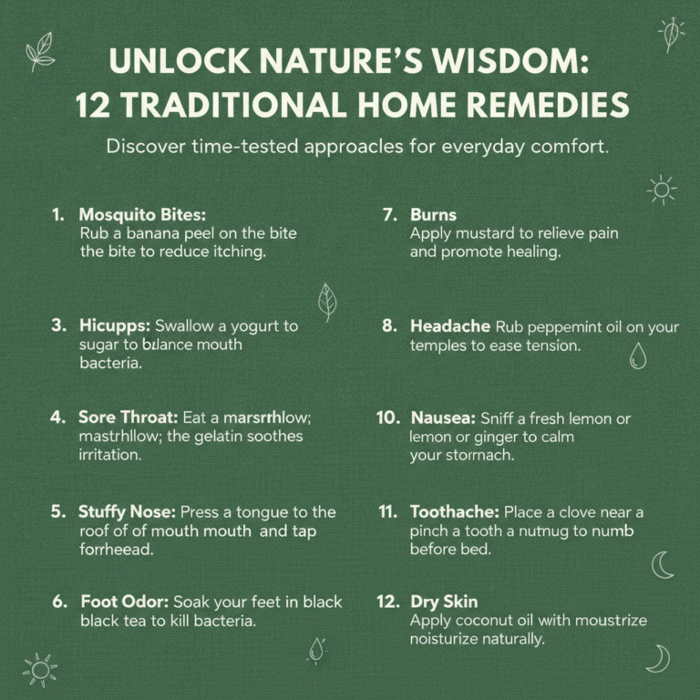 An infographic titled 12 Traditional Home Remedies with a dark green background white text and light green nature-themed