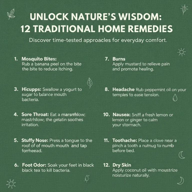 An infographic titled 12 Traditional Home Remedies with a dark green background white text and light green nature-themed