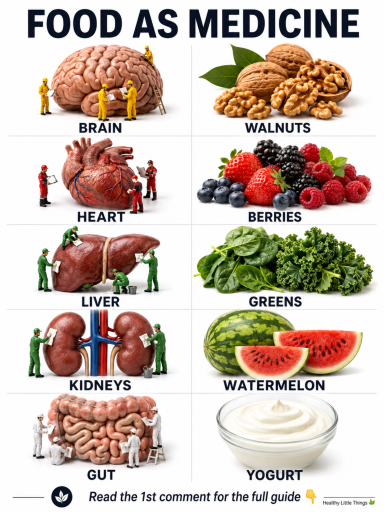 An infographic titled FOOD AS MEDICINE showing five human organs Brain Heart Liver Kidneys Gut paired with corresponding