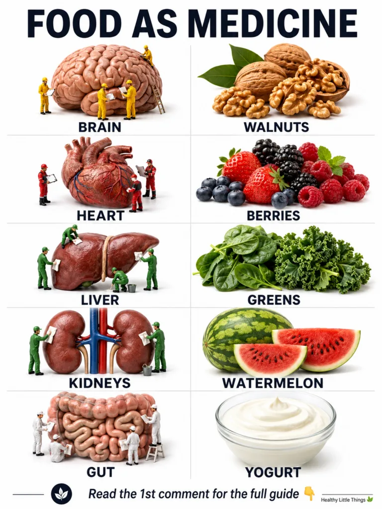 An infographic titled FOOD AS MEDICINE showing five human organs Brain Heart Liver Kidneys Gut paired with corresponding