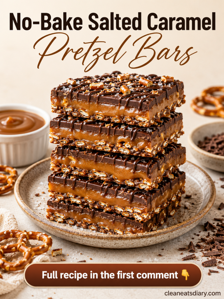 A stack of four decadent No-Bake Salted Caramel Pretzel Bars with distinct layers of crushed pretzel glossy caramel and 