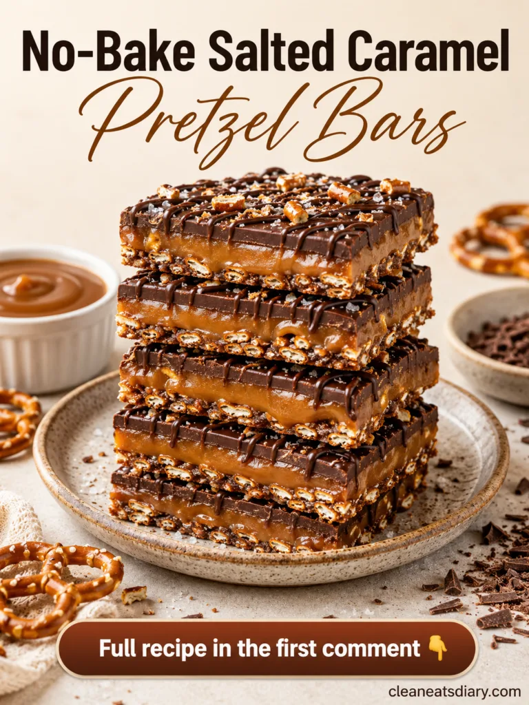 A stack of four decadent No-Bake Salted Caramel Pretzel Bars with distinct layers of crushed pretzel glossy caramel and