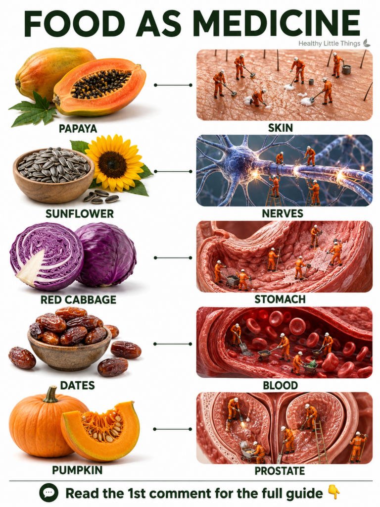 An illustrative infographic titled FOOD AS MEDICINE showing five food items papaya sunflower seeds red cabbage dates pum