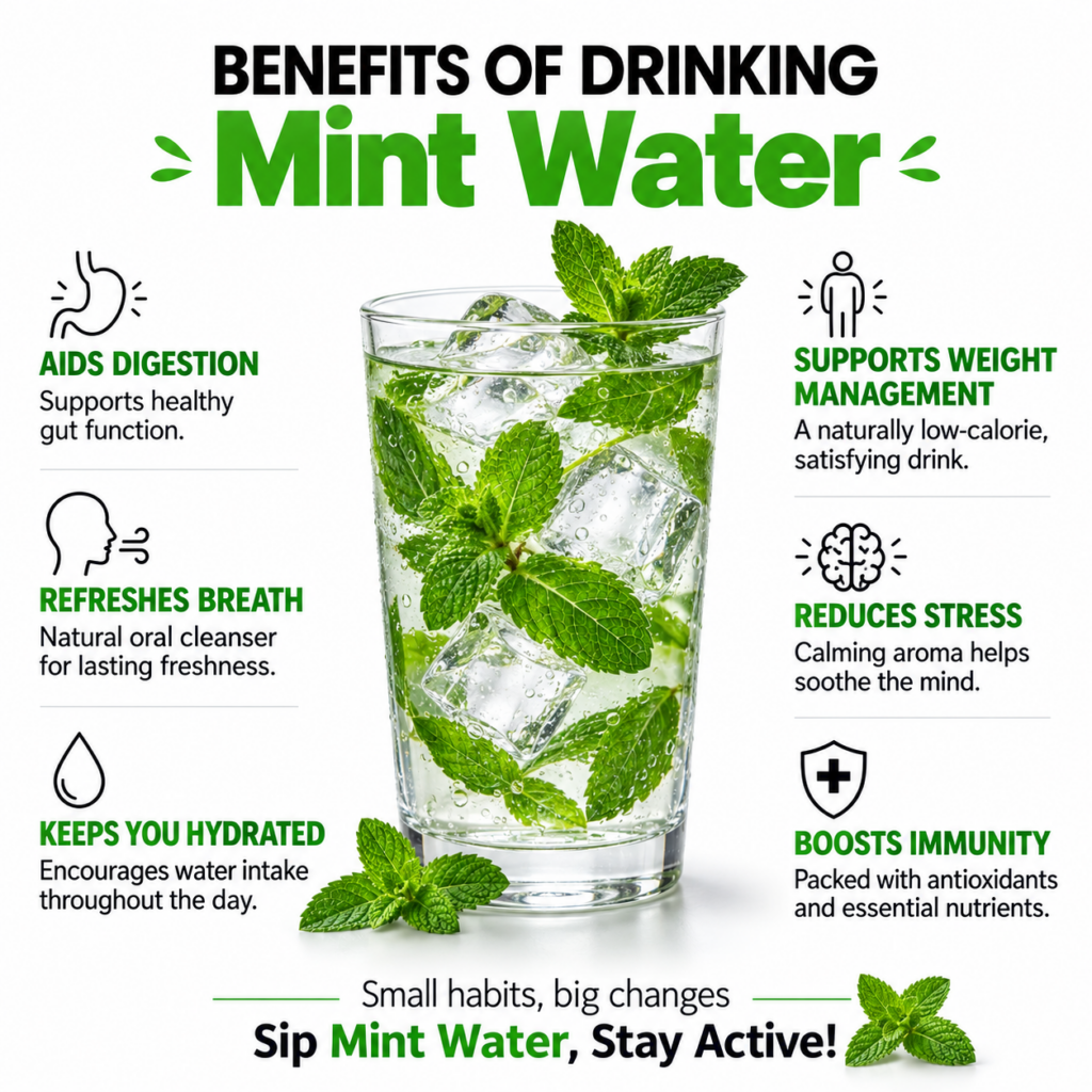 A clear glass filled with mint water ice cubes and fresh mint leaves with a bright clean background