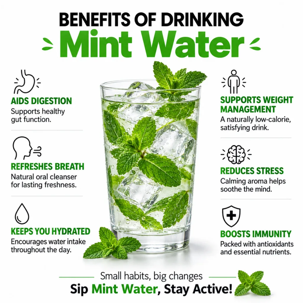 A clear glass filled with mint water ice cubes and fresh mint leaves with a bright clean background