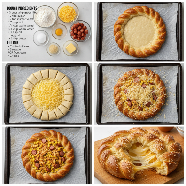 A six-panel grid showing the step-by-step creation of cheesy chicken braided bread from raw ingredients to the final bak