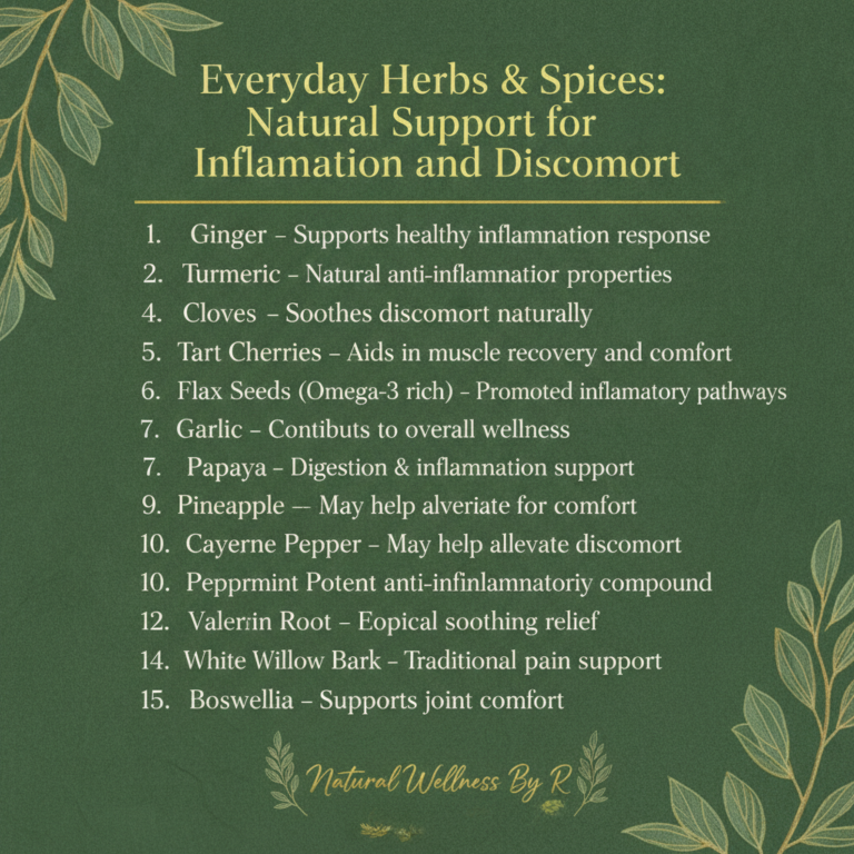 An infographic showing a list of everyday herbs and spices with their natural benefits for inflammation and discomfort a