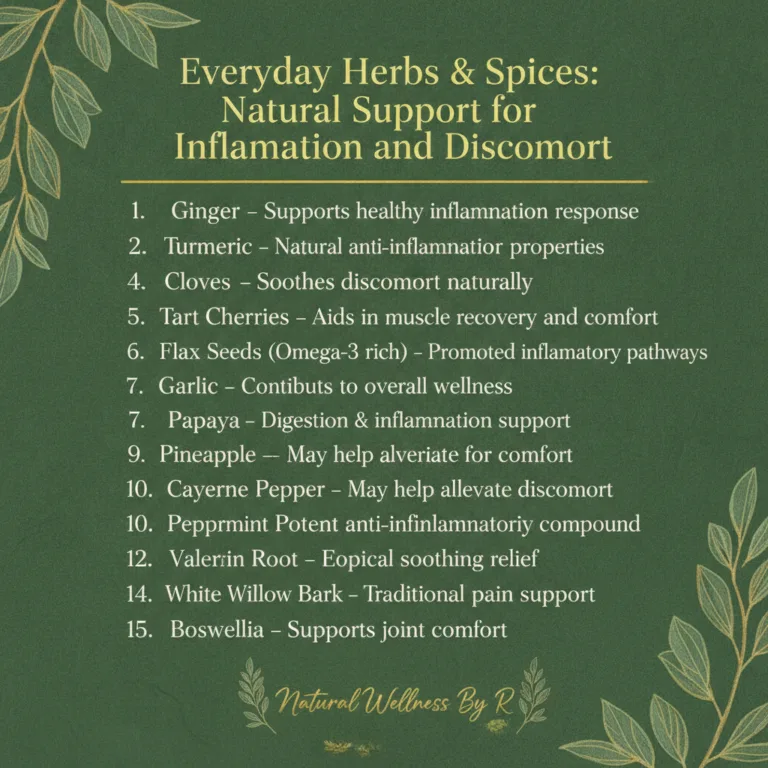 An infographic showing a list of everyday herbs and spices with their natural benefits for inflammation and discomfort a