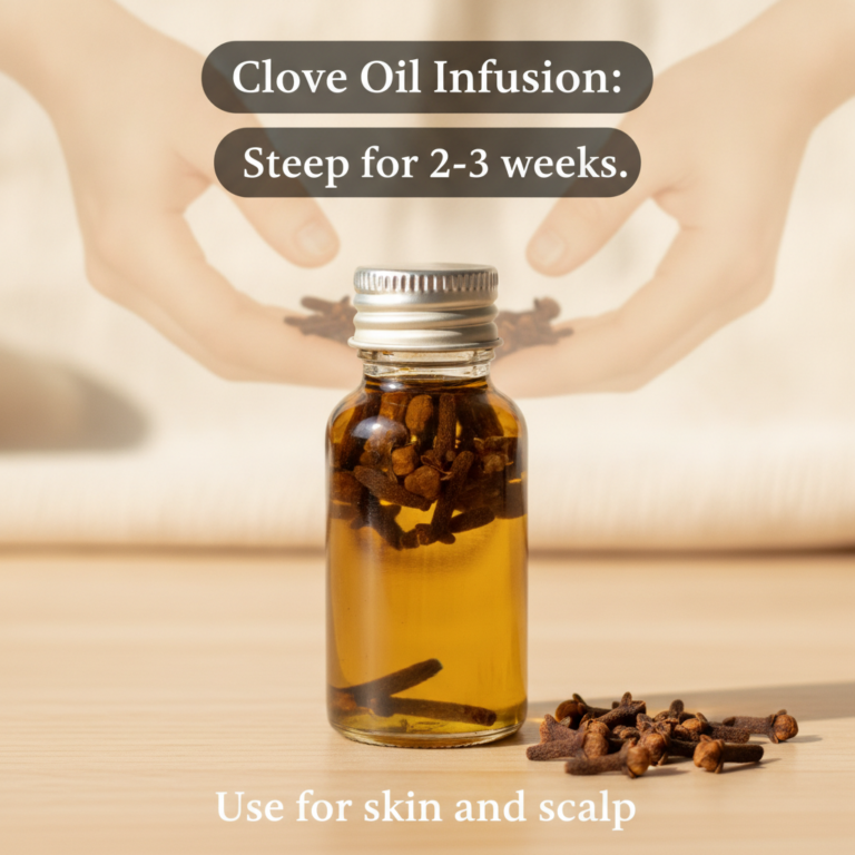 A small clear glass bottle filled with golden-amber clove oil with loose clove buds scattered around it on a light woode