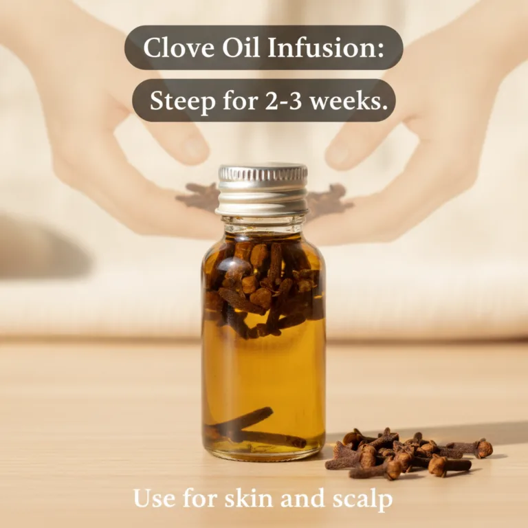 A small clear glass bottle filled with golden-amber clove oil with loose clove buds scattered around it on a light woode