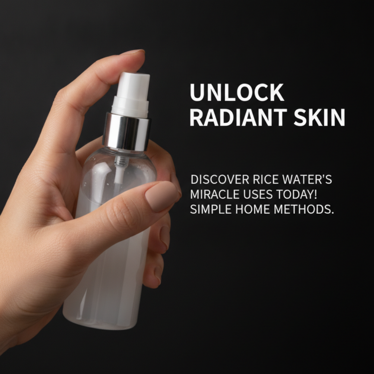 A hand holding a clear spray bottle of cloudy white rice water against a dark background with text UNLOCK RADIANT SKIN a