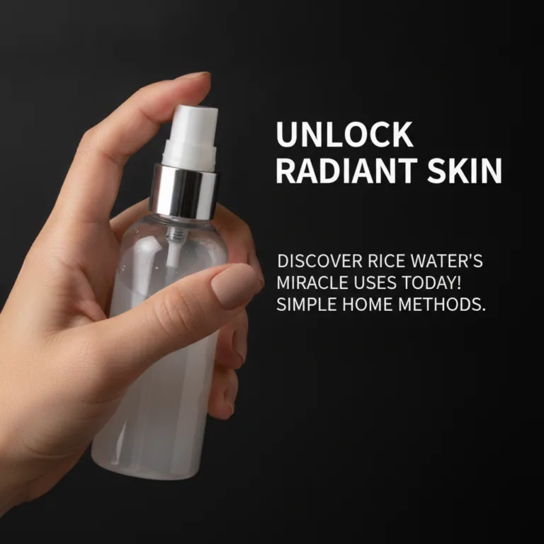 A hand holding a clear spray bottle of cloudy white rice water against a dark background with text UNLOCK RADIANT SKIN a