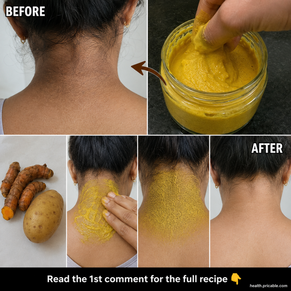 A multi-panel collage showing the before and after of a dark neck raw turmeric and potato ingredients and hands applying