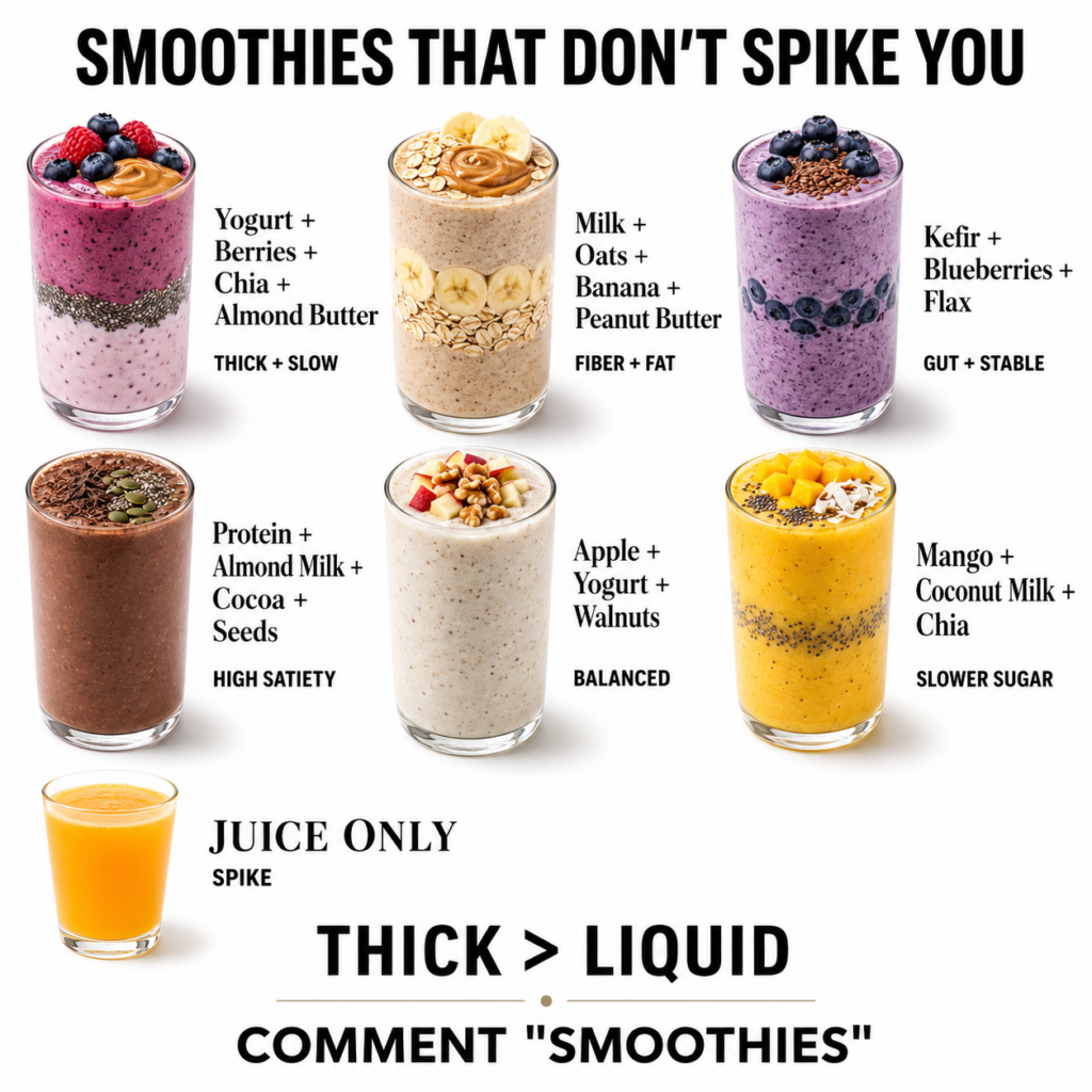 A variety of six thick layered smoothies in clear glasses garnished with fresh fruits nuts and seeds contrasted with a g