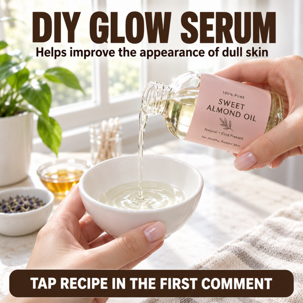 Hands pouring sweet almond oil from a glass bottle into a small white ceramic bowl with natural light a green plant cott
