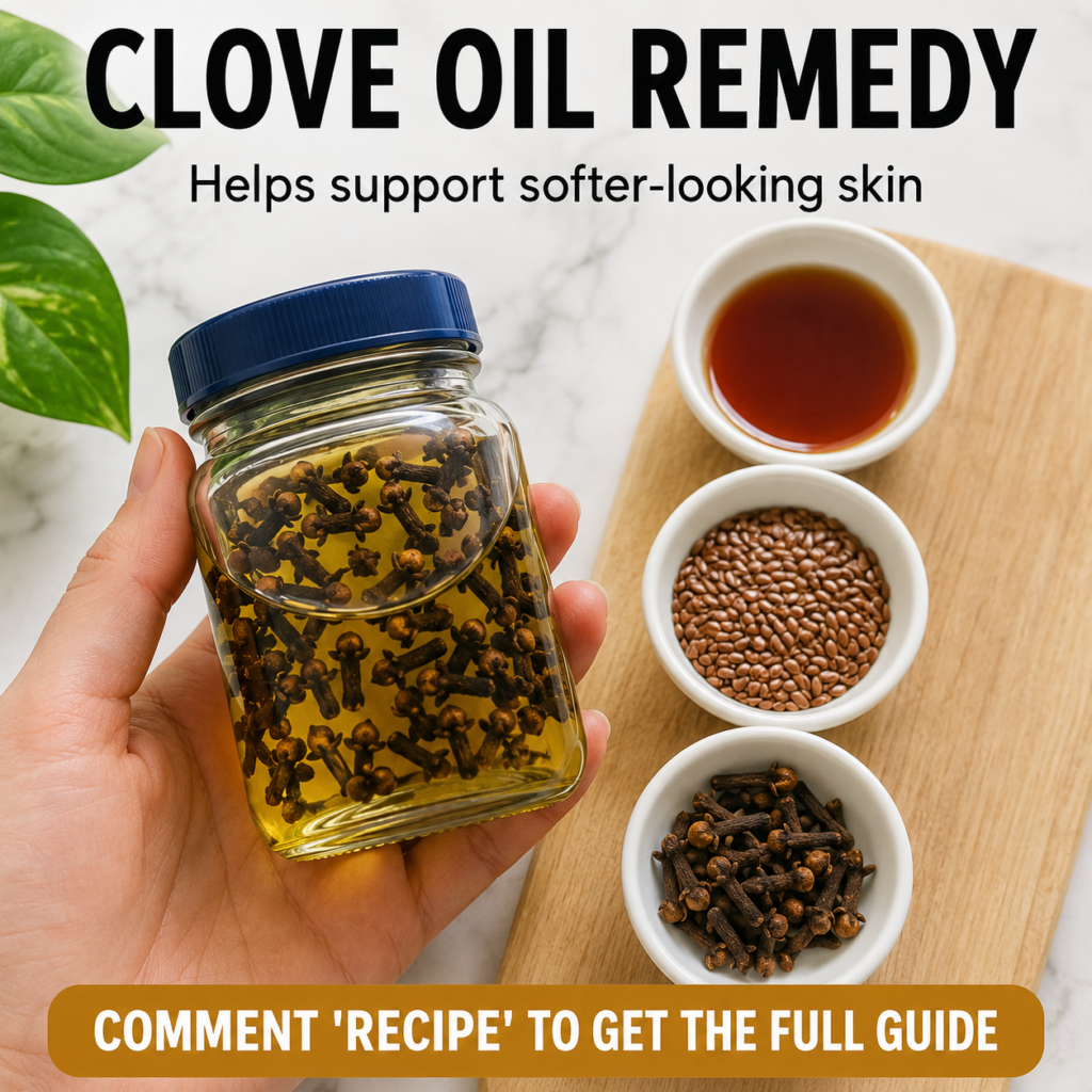 A beautiful overhead shot showing a hand holding a jar of homemade clove oil next to ingredients like whole cloves and f