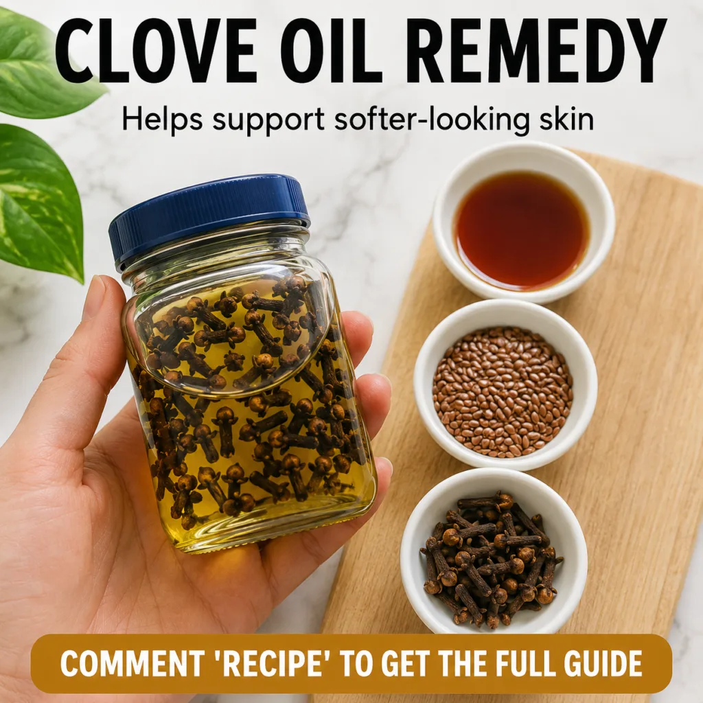 A beautiful overhead shot showing a hand holding a jar of homemade clove oil next to ingredients like whole cloves and f