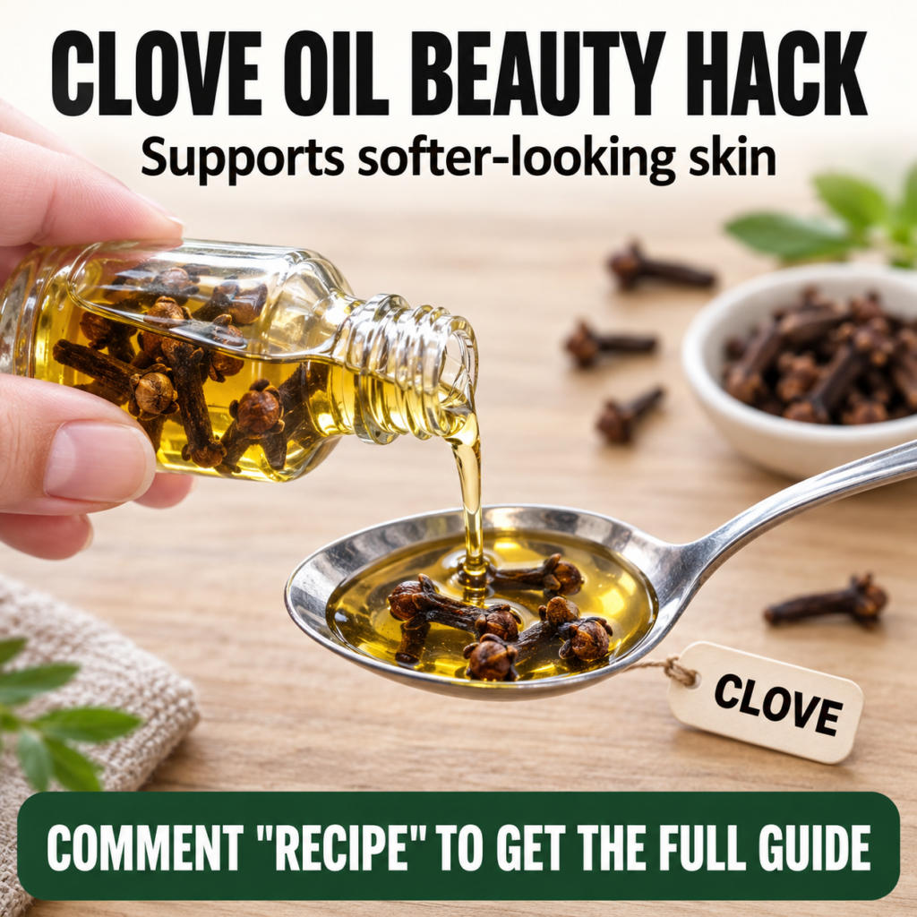 A close-up flat lay showing a hand pouring golden-yellow clove oil from a bottle filled with dried cloves into a metalli