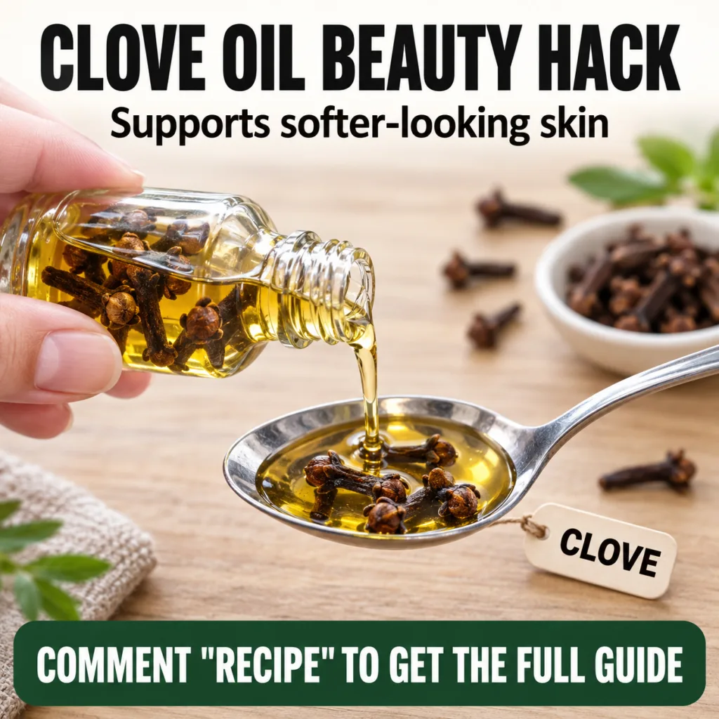 A close-up flat lay showing a hand pouring golden-yellow clove oil from a bottle filled with dried cloves into a metalli