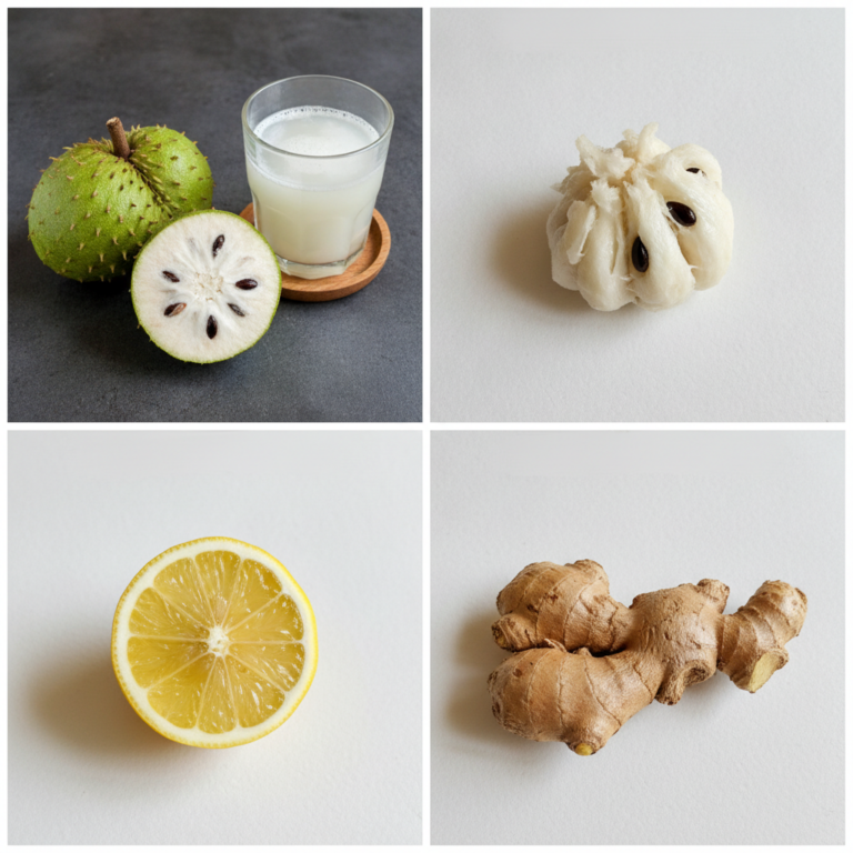 A four-panel grid showing soursop fruit and juice soursop flesh a halved lemon and a ginger root all natural ingredients