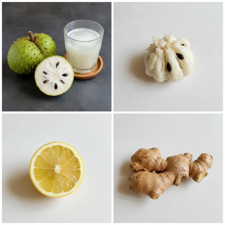 A four-panel grid showing soursop fruit and juice soursop flesh a halved lemon and a ginger root all natural ingredients