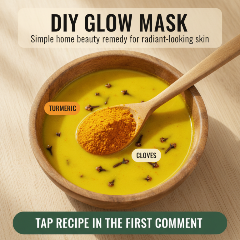 A close-up top-down view of ingredients for a DIY GLOW MASK A wooden bowl with a vibrant yellow mask mixture several dar