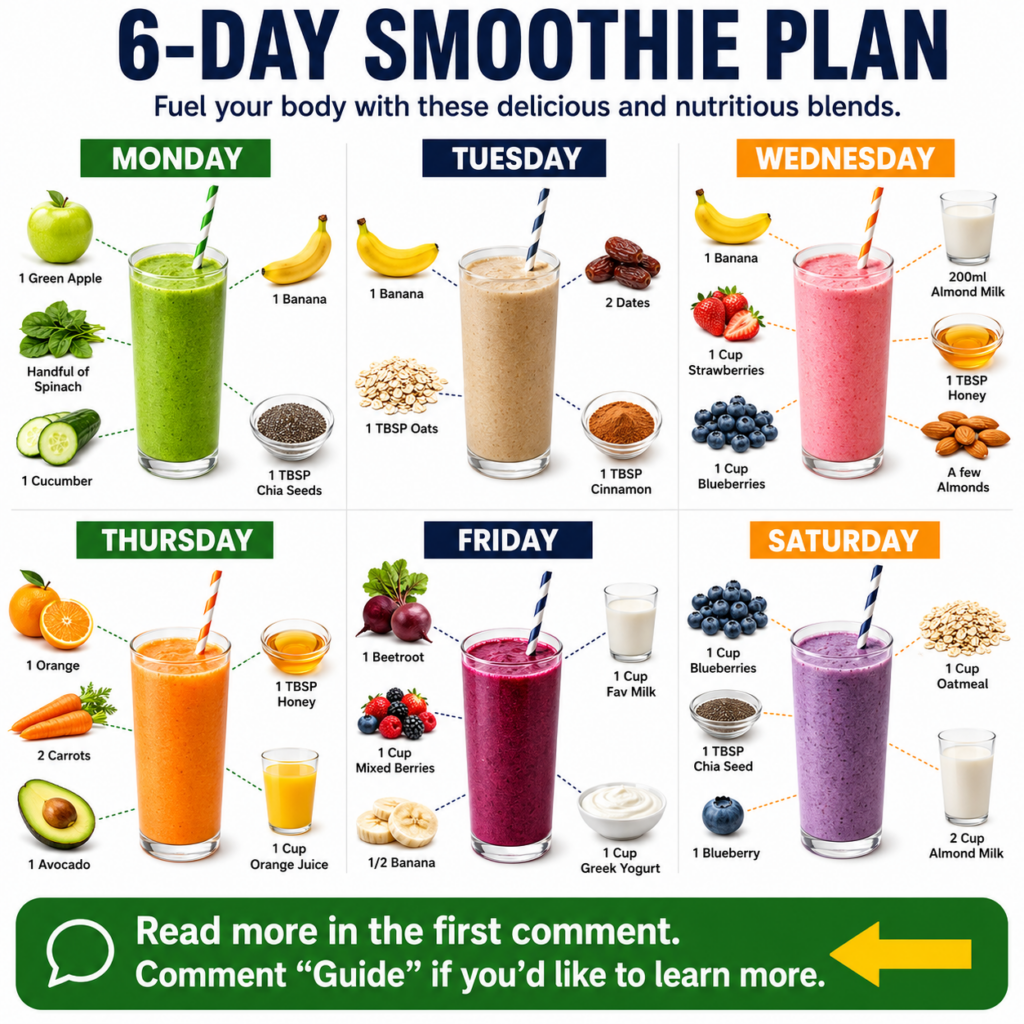 An informative infographic detailing a 6-Day Smoothie Plan showing six different vibrant smoothies with their ingredient