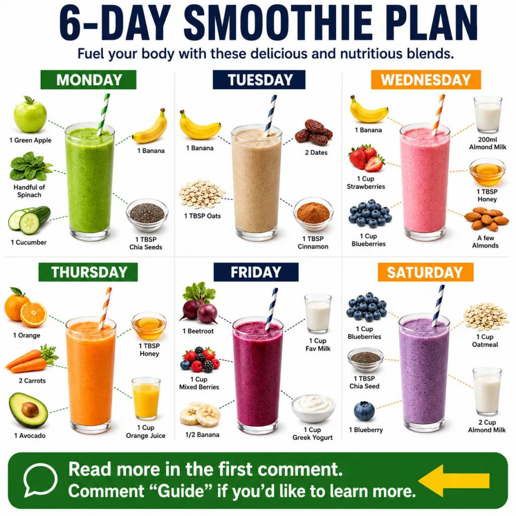 An informative infographic detailing a 6-Day Smoothie Plan showing six different vibrant smoothies with their ingredient
