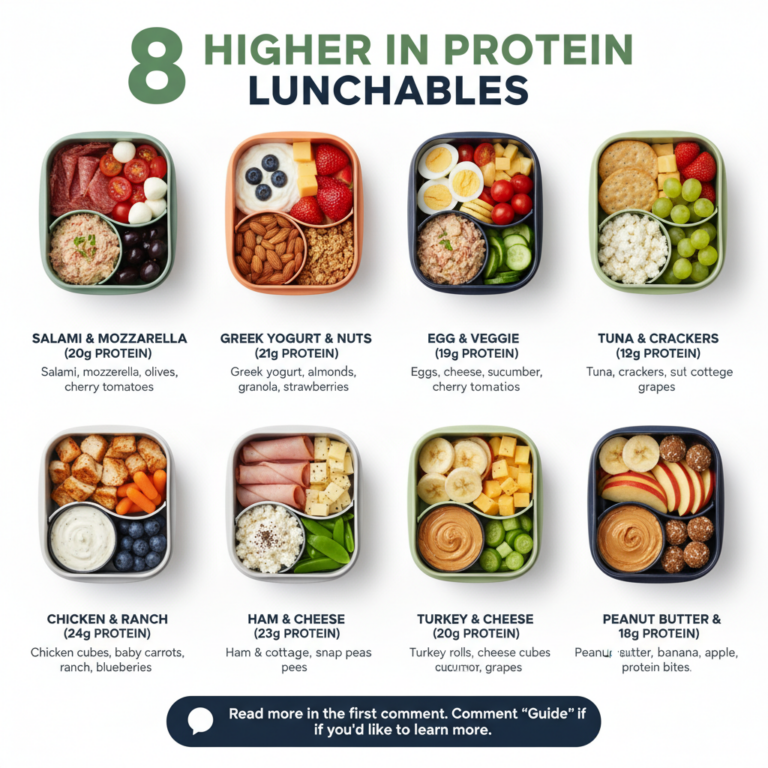 Eight individual bento-style lunchboxes each filled with high-protein meal combinations like salami mozzarella Greek yog